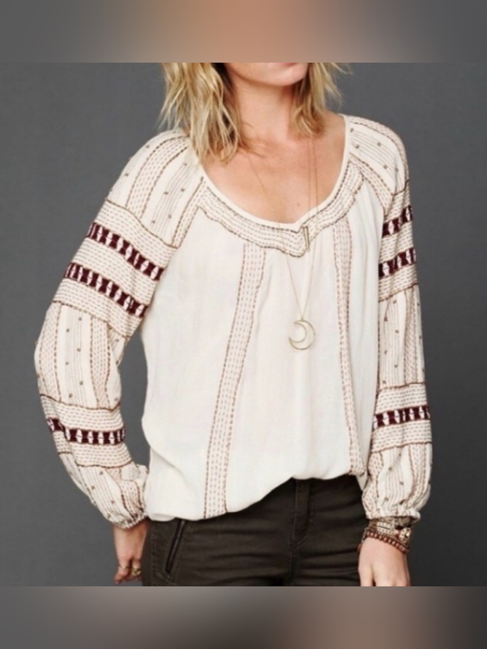 Free People Beaded Wavelengths Tunic Cream Brown Flowy Boho Top S